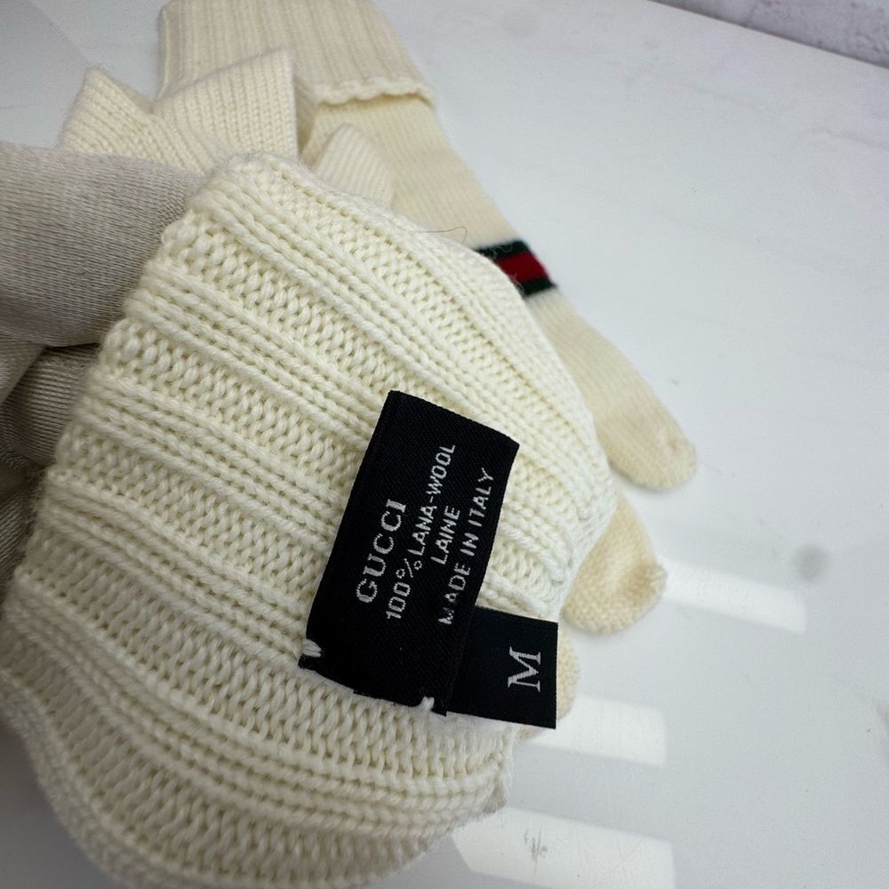 Gucci Lambs Wool Cream Knit Web Stripe Gloves Medium - Picture 8 of 8